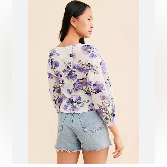 Anthropologie V Neck Ruched Knit Top Floral Romantic White Purple - Picture 3 of 7